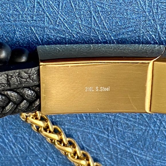 BLACK & GOLD FAUX LEATHER BRACELET QUARTZITE STEEL - Picture 7 of 7